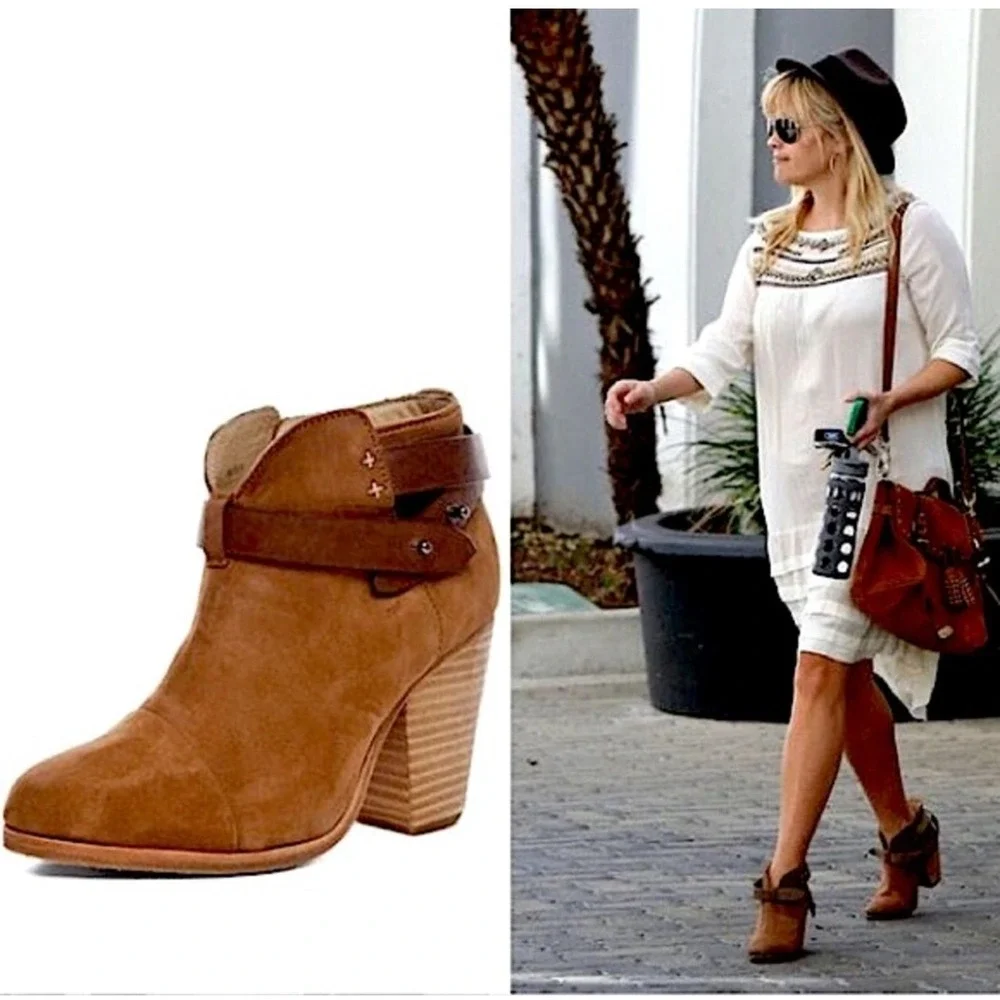 Rag‎ Bone New York Tan Leather Ankle Boots Buckle Heel Block Women Sz 37 or US 7